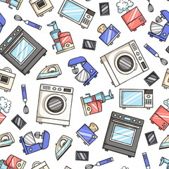 Vector colored seamless pattern with home appliances, electronics, kitchen quipment on white background