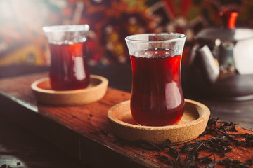 fruit turkish tea on wooden table