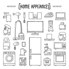 Vector set with isolated doodles of home appliances and electronics on white color. Home equipment