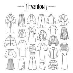 Vector set with isolated doodles of women's clothing on white background. Set on the theme of beauty and fashion
