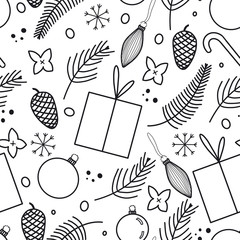 Christmas seamless black and white pattern with fir branches, cones, gifts and snowflakes.