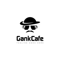 cool logo gankcafe, with mug eye glass, mustache, and hat vector