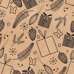 Christmas seamless digital pattern on craft paper with fir branches, cones and gifts.