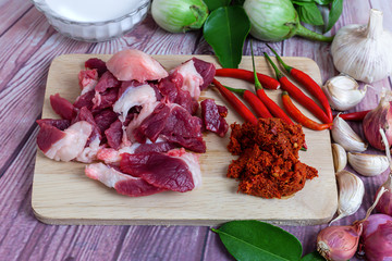 Raw beef and spices, placed on a wood