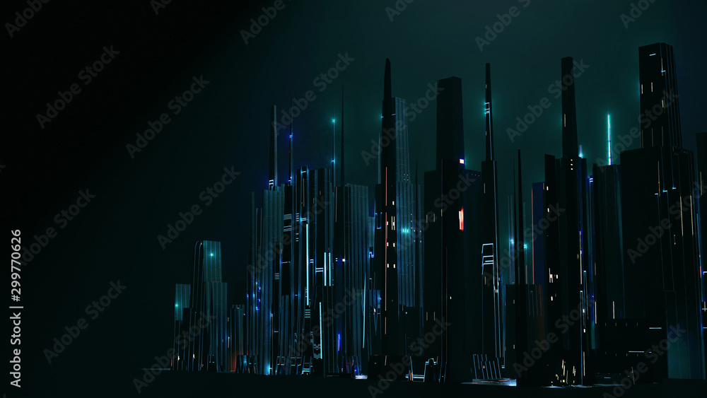 Poster 3d rendering of abstract digital city with sky scrapping towers and glowing dots binary data in fogg