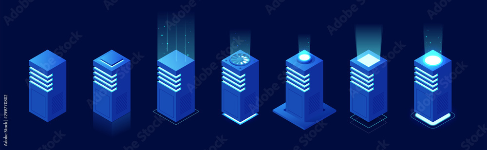 Poster isometric set server or hardware equipment isolated on background. datacenter storage room objects.