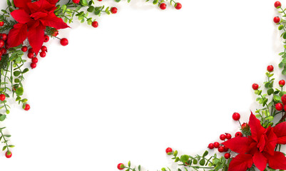 Christmas decoration. Frame of flower of red poinsettia, branch christmas tree, red berry on a white background with space for text. Top view, flat lay