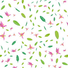 Cute seamless pattern with cartoon flowers and leaves of bananas