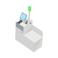 Isometric model of Self Checkout Shop Cashier. Self service cash device in flat design with cash machine, monitor and scanner.Point with self-service checkout in the supermarket.