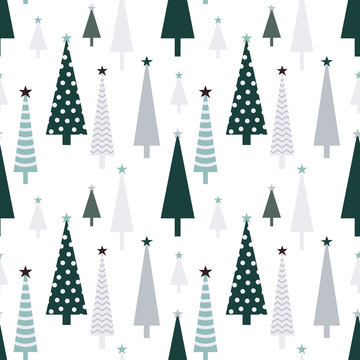 Fototapeta Christmas or new year seamless pattern with scandinavian style trees.