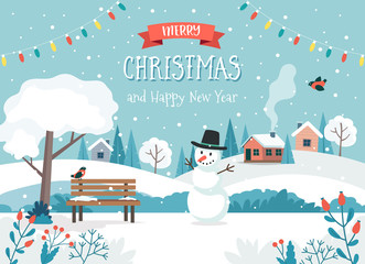 Merry christmas card with cute landscape and snowman. Cute vector illustration in flat style