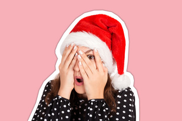 Woman in dress feeling scared but curious with one eye peeking through fingers. Magazine collage style with trendy color background. holiday concept