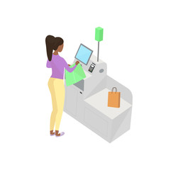 Self-service cashier or terminal isometric model. African American woman customer is paying at the self-service counter using the touchscreen display. Self-service checkout vector concept