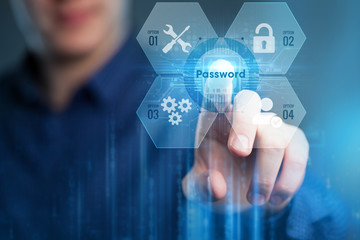 Business, Technology, Internet and network concept. Young businessman working on a virtual screen of the future and sees the inscription:Password.