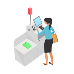 Self-service cashier or terminal isometric model. Woman customer is paying at the self-service counter using the touchscreen display. Self-service checkout vector concept