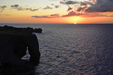 Fototapeta na wymiar Coastal landscape, Sunset at Cape Manzamo in Okinawa Prefecture, Japan