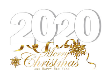 Merry Christmas and Happy New Year 2020 of greeting card with gold bow