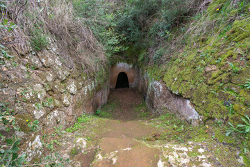 the entrance to an ancient Etruscan tomb, Etruscan necropolis (8th century b.C.) Cerveteri Rome Province, Italy. UNESCO World Heritage