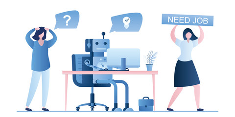 New robot on workplace. Unhappy and sad female employees without job. Artificial intelligence replaced humans.