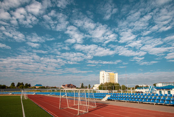 Football gate at youth stadium in Yoshkar-Ola city, early morning. Yoshkar-Ola is the capital of Mari El republic in Russian Federation