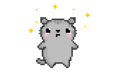 Pixel gray cat on white background. Cute kitten. Pixel art.