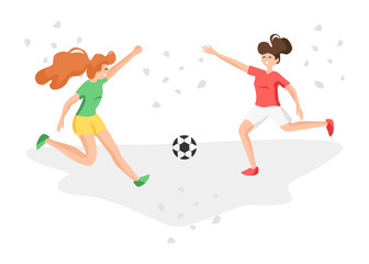 Two cute young female football players isolated on white background. Happy women playing soccer. Flat concept of teenage girls kicking ball. Girl team playing soccer.