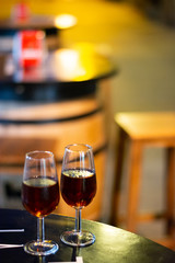 Christmas sherry wine, dry or sweet jerez fortified wine in glasses and street lights, Jerez de la Frontera, Andalusia, Spain