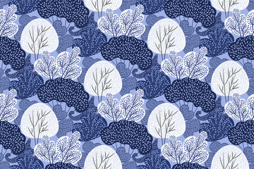 Winter Seamless Pattern with hand drawn trees in Snow. Stylized embroidery Forest. Christmas Decoration background in white and blue colors. Creative design. Vector illustration.