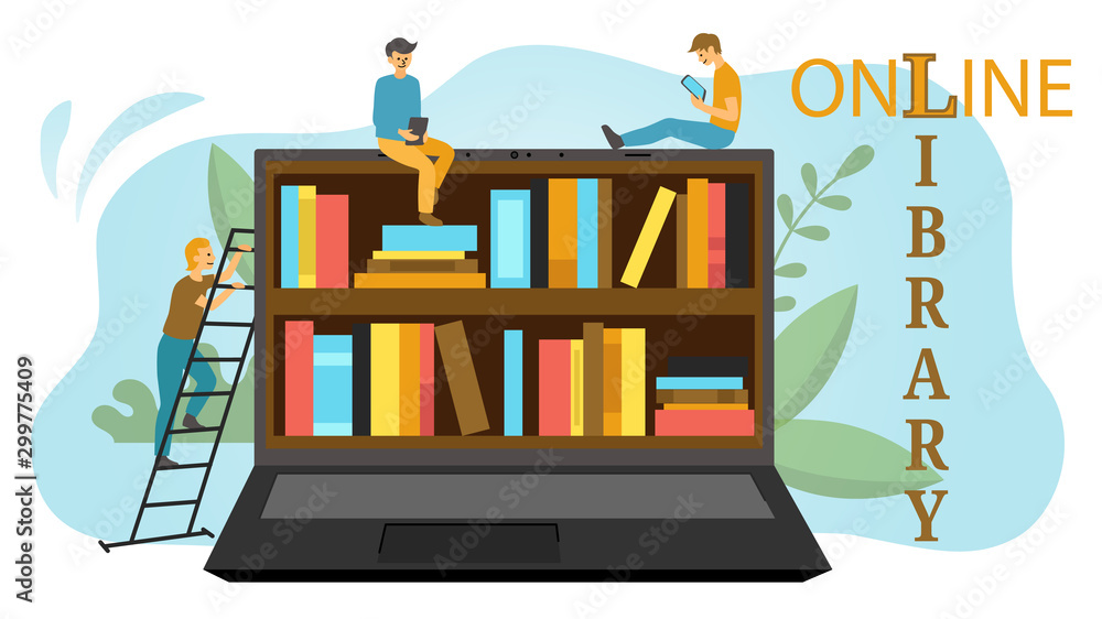 Poster web page template of digital library. web banner of electronic library with people characters. vecto