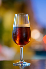 Christmas sherry wine, dry or sweet jerez fortified wine in glasses and street lights, Jerez de la Frontera, Andalusia, Spain