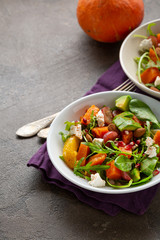 Healthy salad with pumpkins and blue cheese, food