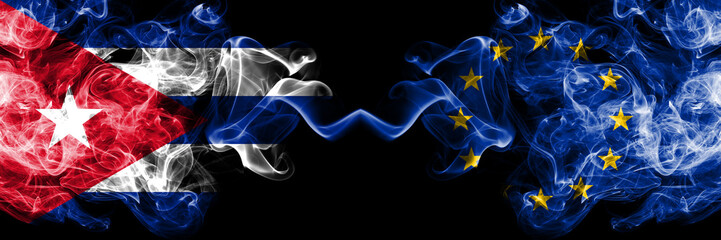 Cuba, Cuban vs European Union, EU smoky mystic flags placed side by side. Thick colored silky...