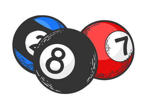 recommend clip art: Billiard pool balls ivories engraving vector illustration. T-shirt apparel print design. Scratch board style imitation. Black and white hand drawn image.