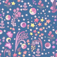 Fototapeta na wymiar Cute childish seamless pattern with stars, flowers, clouds, moon. Handwork