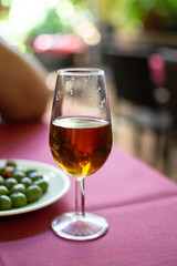 Sherry wine tasting, selection of different jerez fortified wines from dry to very sweet in glasses, Jerez de la Frontera, Andalusia, Spain