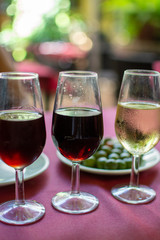 Sherry wine tasting, selection of different jerez fortified wines from dry to very sweet in glasses, Jerez de la Frontera, Andalusia, Spain