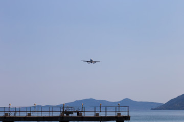 Passenger's airplane is landing. Decrease in height. Greece, Corfu.