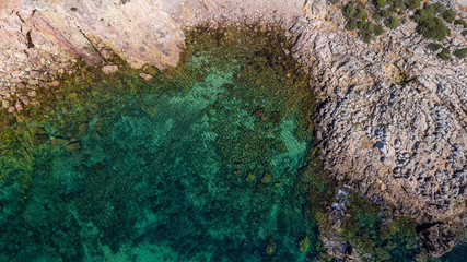 Aerial. View from the sky of the beach of Ingrina Villa to Bishpo. Portugal Algarve