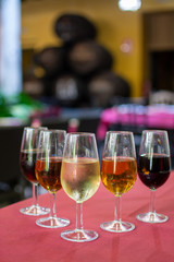 Sherry wine tasting, selection of different jerez fortified wines from dry to very sweet, Jerez de la Frontera, Andalusia, Spain