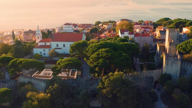 Lisbon, Portugal. Aerial view of the Sao Jorge Castle (Castelo de S&atilde;o Jorge) at dawn