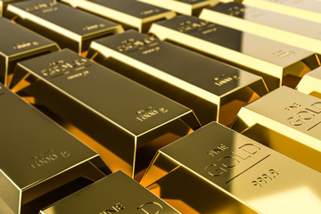 Pure gold bars on rich background of wealth from trading profits of fast growing businesses. Contracting profit in stock market and stocks of gold. Realistic 3D rendering.
