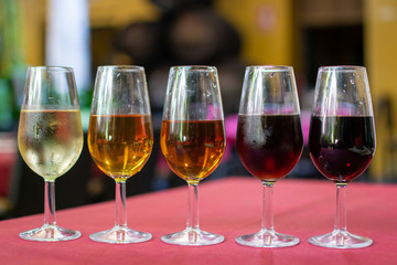 Sherry wine tasting, selection of different jerez fortified wines from dry to very sweet, Jerez de la Frontera, Andalusia, Spain