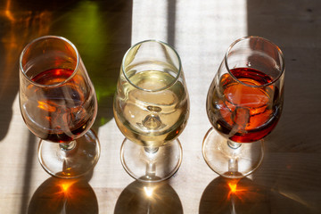 Sherry wine tasting, selection of different jerez fortified wines from dry to very sweet in glasses, Jerez de la Frontera, Andalusia, Spain