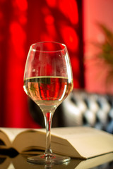 English retro style room with leather chair, open book and glas of white wine