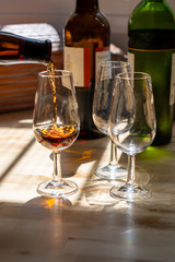 Sherry wine tasting, selection of different jerez fortified wines from dry to very sweet in glasses, Jerez de la Frontera, Andalusia, Spain