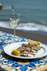 Espeto, Malaga style fish on stick barbecue prepared on olive tree firewoods and white wine