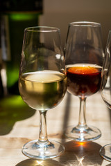 Sherry wine tasting, selection of different jerez fortified wines from dry to very sweet in glasses, Jerez de la Frontera, Andalusia, Spain