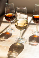 Sherry wine tasting, selection of different jerez fortified wines from dry to very sweet in glasses, Jerez de la Frontera, Andalusia, Spain