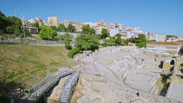 Ancient roman amphitheater of Tarragona, Spain, next to the Mediterranean sea in Costa Dorada, Catalonia, Spain.The Archaeological Ensemble of Tarraco is declared a UNESCO World Heritage Site Ref 875