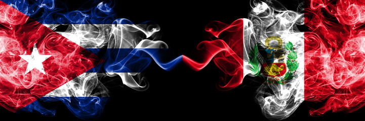 Cuba, Cuban vs Peru, Peruan smoky mystic flags placed side by side. Thick colored silky travel abstract smokes banners.